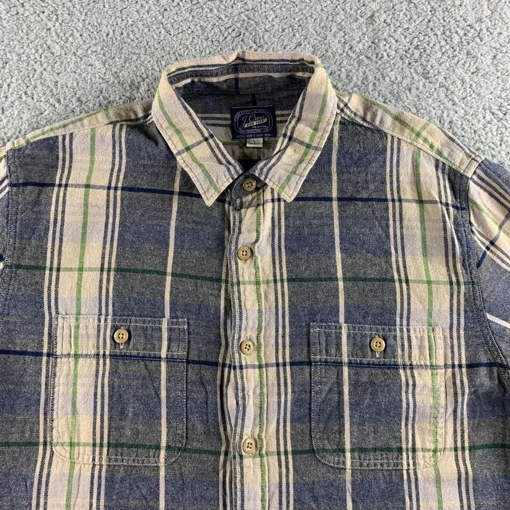J. Crew Shirt Mens Large Beige Black Flannel Plaid‎ Button Up Midweight Pockets